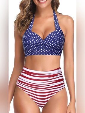 NWT Tempt Me American Flag Vintage Retro Halter
High Waisted Swimsuit Women's S